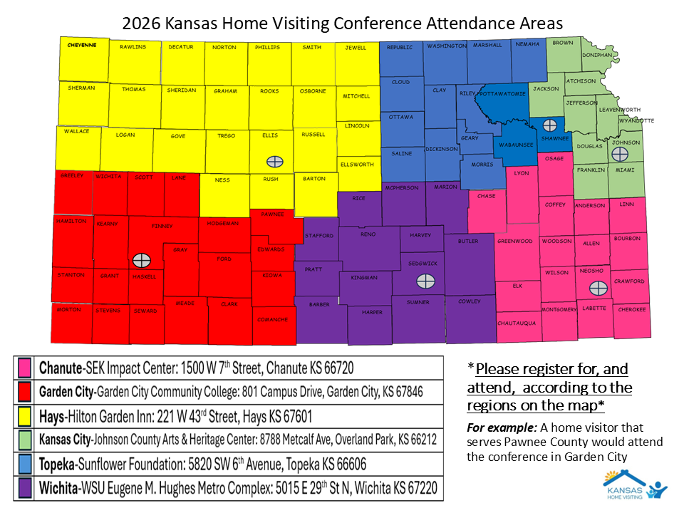 Map of Kansas divided by color-coded regions for the 2026 Kansas Home Visiting Conference, showing which city each region should attend. Conference locations and addresses are listed below the map.