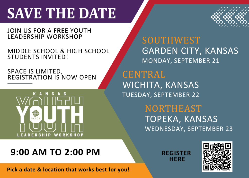Save the date flyer for Kansas DECA Youth Leadership Workshop. Includes dates, locations (Garden City, Wichita, Topeka), registration info, and event time (9:00 AM to 2:00 PM) with QR code for registration.