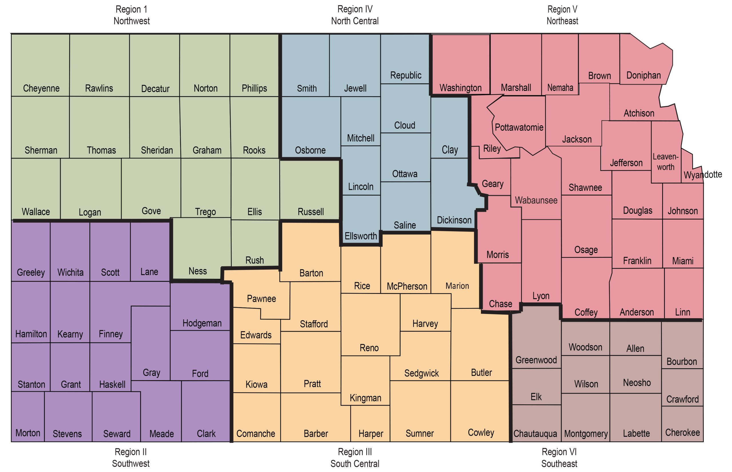 A color-coded map of Kansas, divided into counties and grouped by six regions: Northwest, Southwest, North Central, South Central, Northeast, and Southeast. County names and regional borders are clearly labeled.