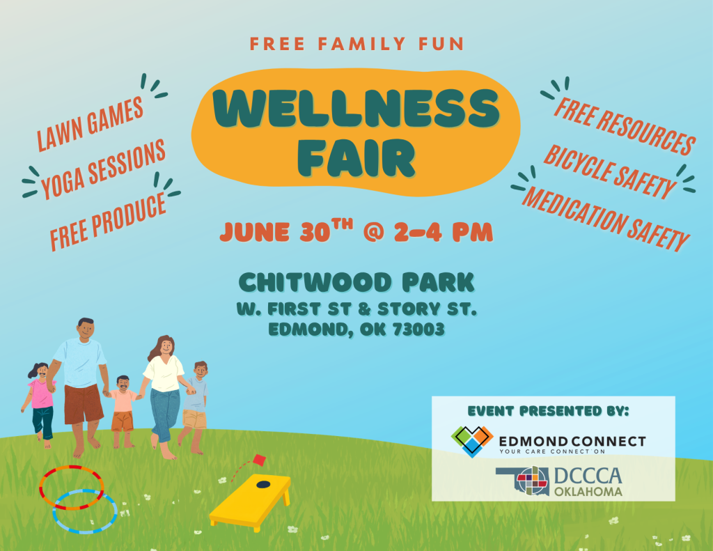 Colorful flyer for a Wellness Fair on June 30, 2–4 PM at Chitwood Park in Edmond, OK. Highlights include lawn games, yoga, free produce, resources, bicycle and medication safety. Presented by Edmond Connect and DCCCA Oklahoma.